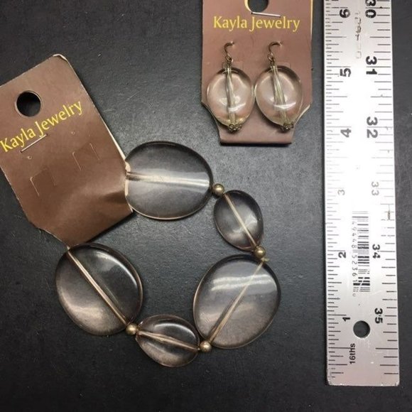 Kayla Bracelet Earrings Translucent Beige Chunky Silver Stretch Organic BoHo - Picture 4 of 4